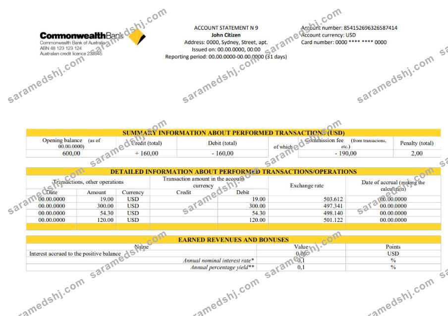Australia Commonwealth account proof of address bank statement template